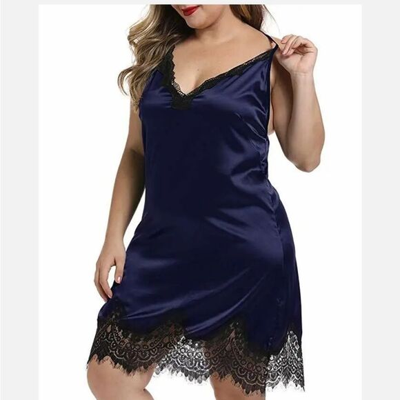 Women Plus Size Satin Chemise Babydoll Lace Trim Lingerie Full Slips Nightgown - Picture 2 of 5
